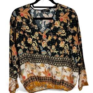 Desigual Sumatra Black Floral Print Long Sleeve Blouse Batwing Size L Bohemian